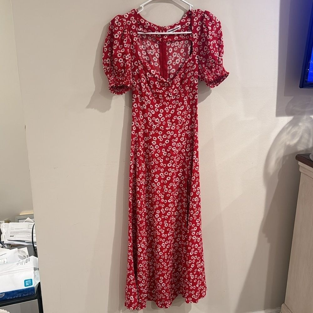 Nwot Reformation Lacey Smocked Sleeve Dress Red Floral 0